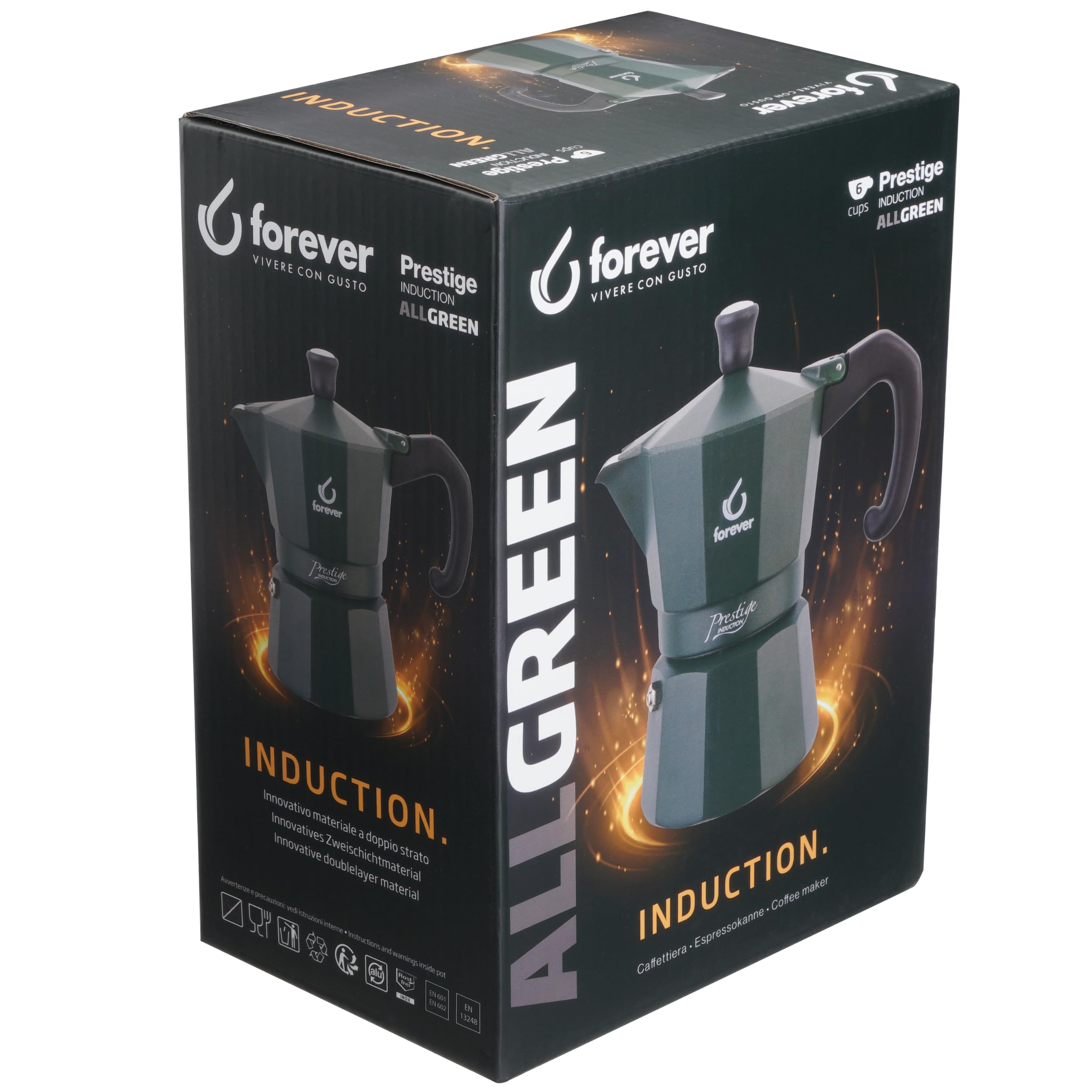 FOREVER Caffettiera Moka per Induzione, Miss Moka Prestige Induction 'All Green', Caffettiera Moka per Casa, Caffettiera Portatile per Viaggio, inclusa Guarnizione in Silicone (6 Tazze)