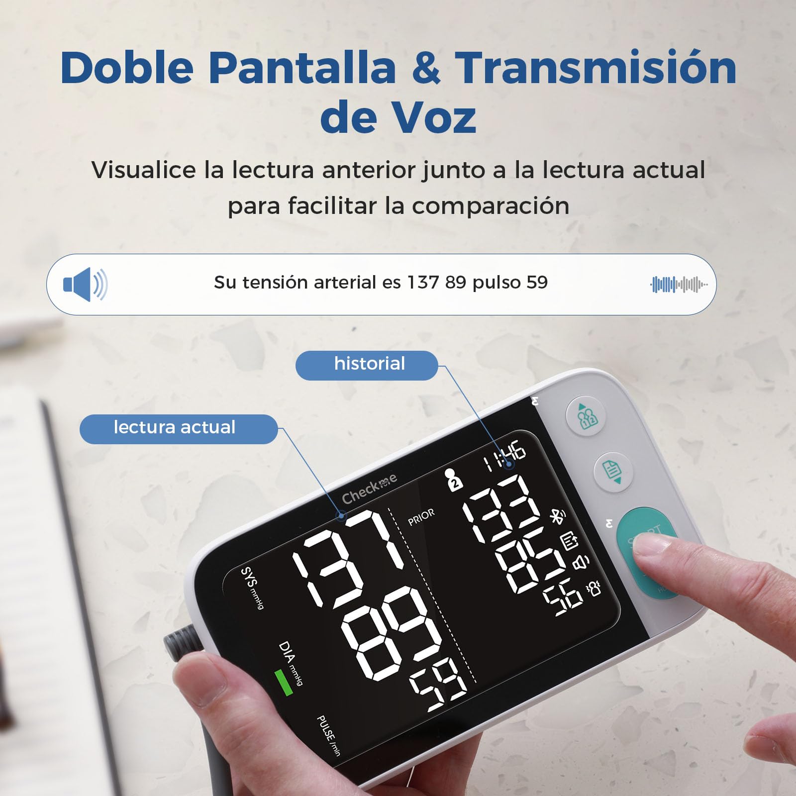 CheckMe Tensiómetro de Brazo con Pantalla Grande para Resultados Comparables, Tensiómetro Bluetooth con Detección de Arritmias, También para Embarazadas y Diabéticos, 22-45cm