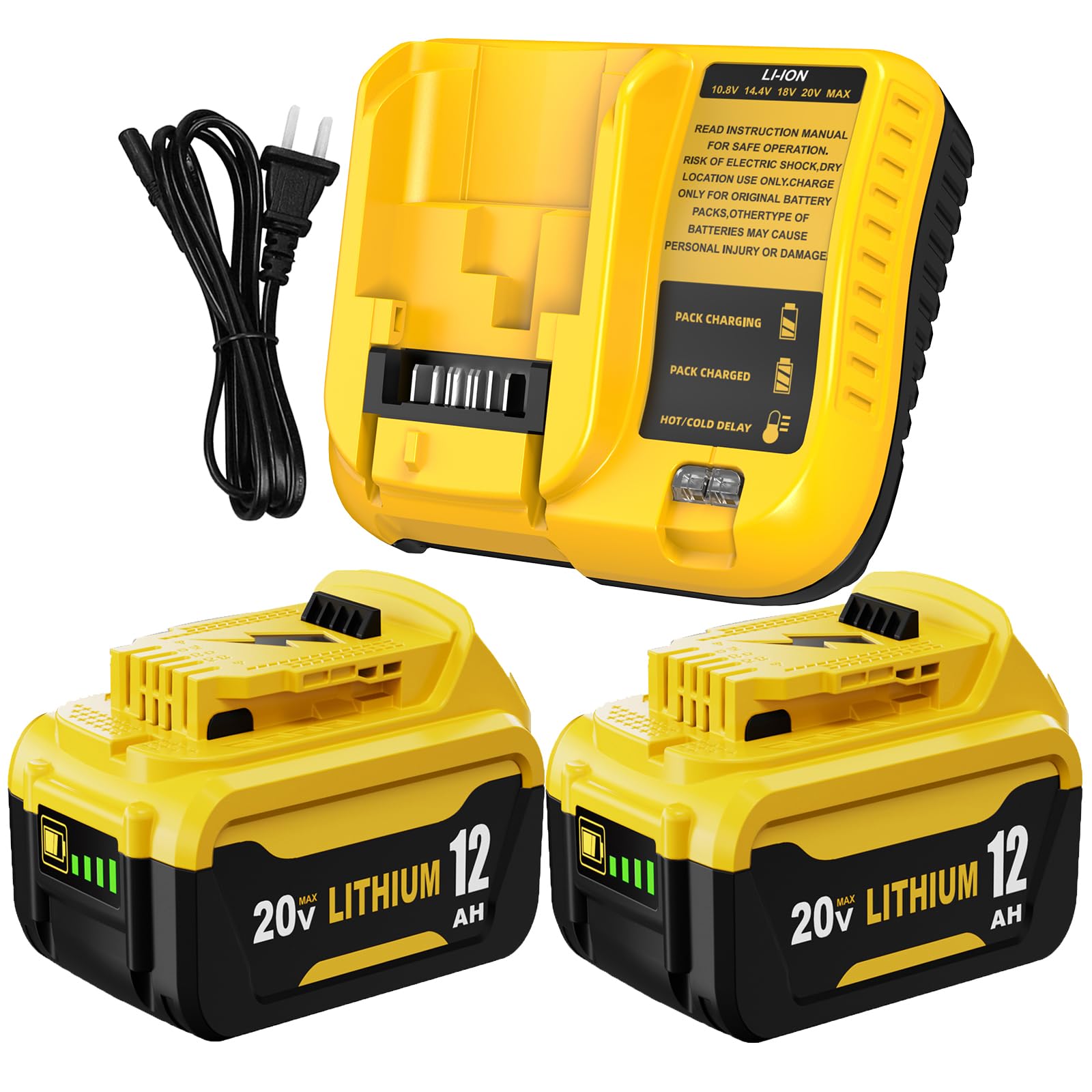 2 Packs 12000mAh Replacement for Dewalt 20V Battery and Charger Combo Kit