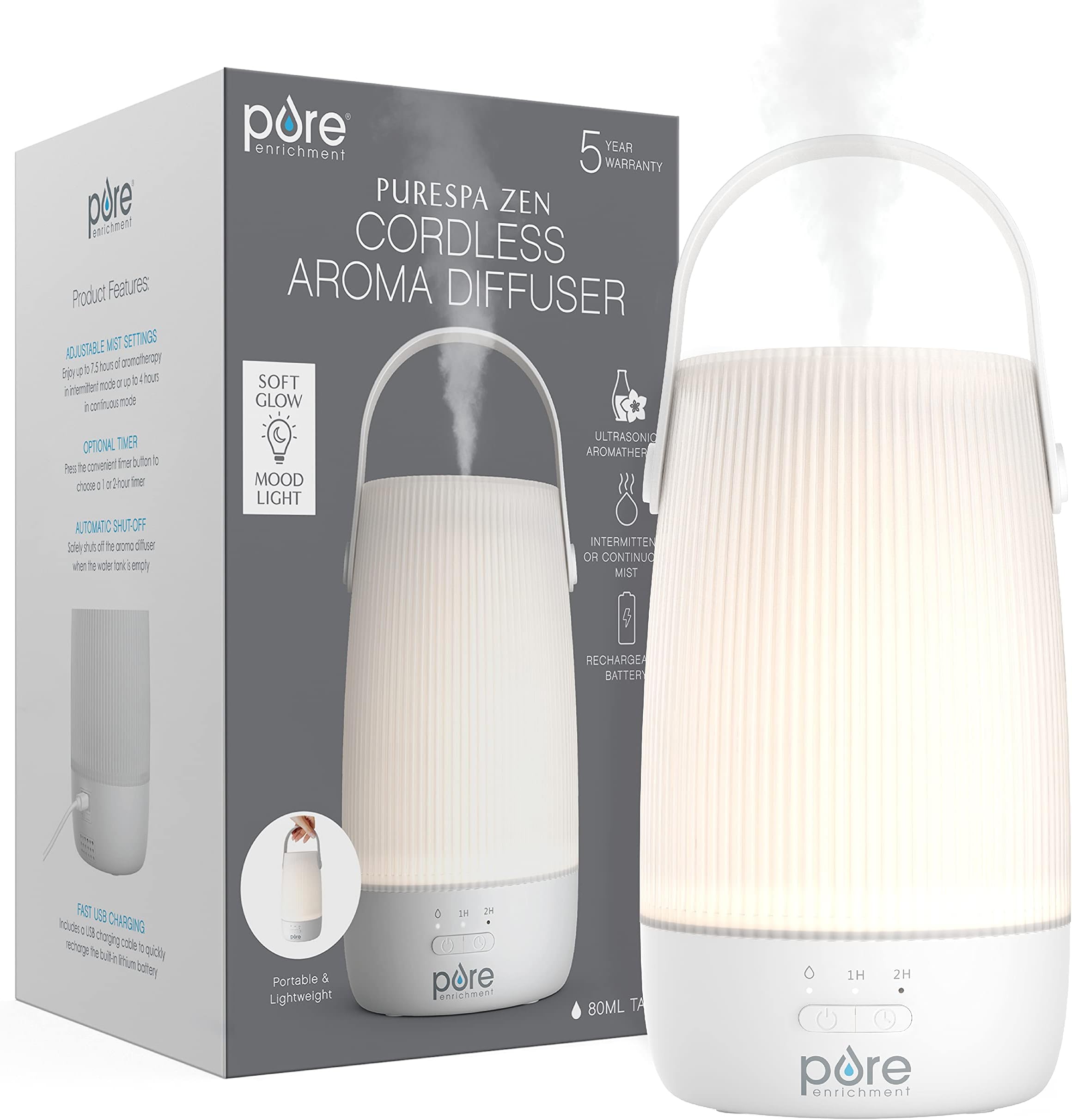 PureSpa™ Zen Cordless Essential Oil Diffuser & Light - Portable Travel-Friendly Aroma Diffuser Lasts 7.5 Hrs, Optional Mood Light, 2 Mist Settings, Optional Timer, & Auto Shut-Off