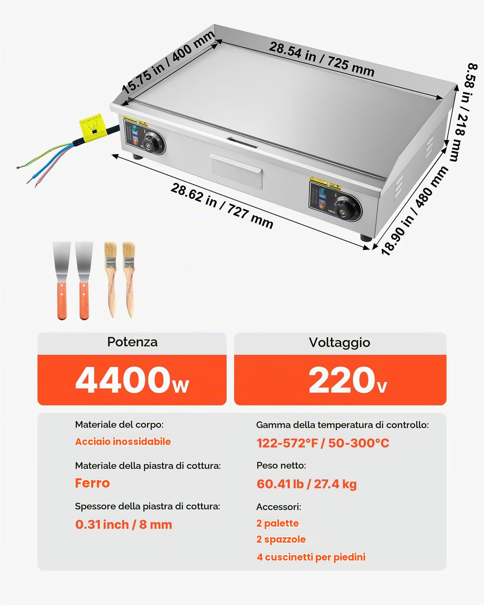 VEVOR Piastra Elettrica Commerciale da 4400 W, Controllo della Temperatura Regolabile da 50 a 300 °C, Griglia da Banco in Piastra in Metallo con 2 Spatole e 2 Spazzole, per Bistecche, Senza Spina