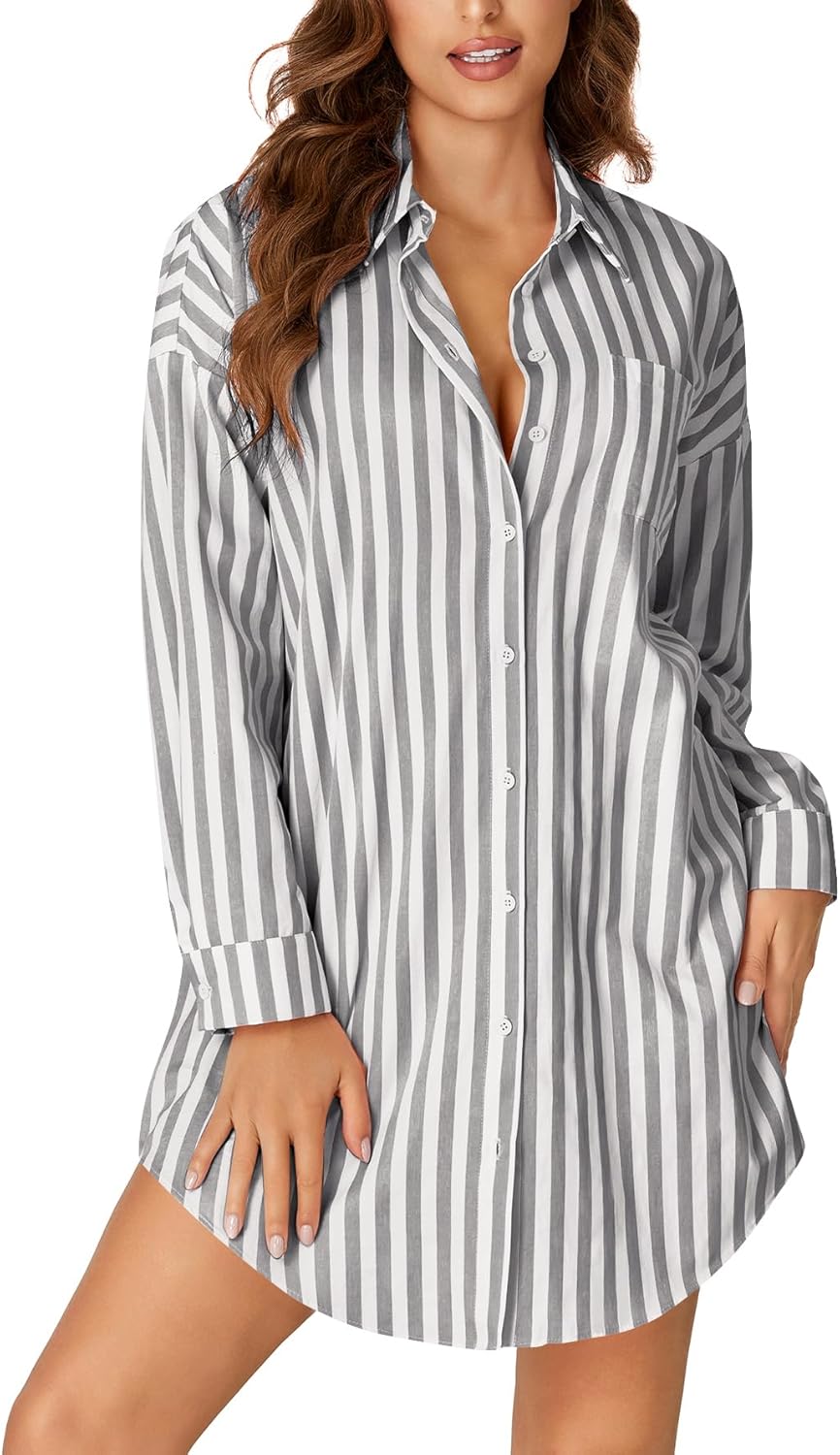 LYANER Women's Striped Nightgown Collar V Neck Long Sleeve Sleep Shirts Button Down Nightshirt Nightdress