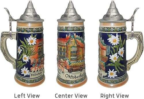Miniatura 4 de Essence of Europe Gifts E.H.G 0.7 Litro  OktoberfestHaus Oktoberfest Stein Cerámica Jarra de Munich Alemania Stein - Flores Edelweiss con tapa