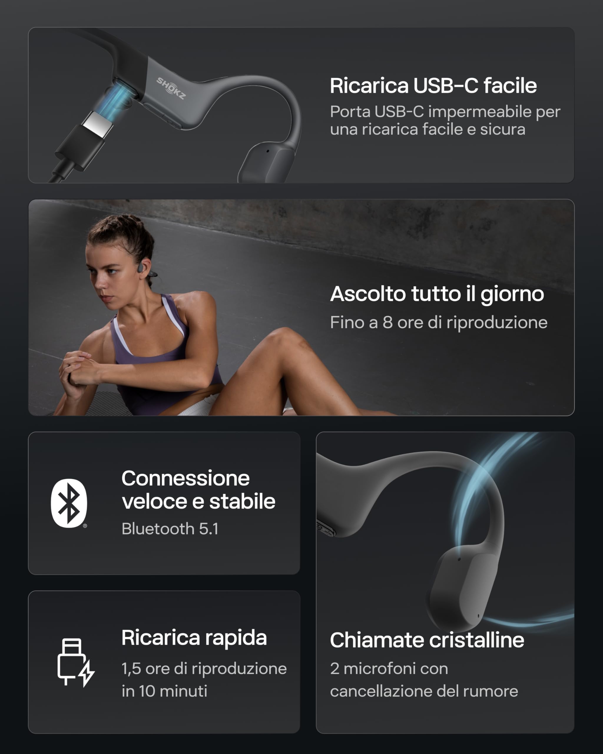 SHOKZ Auricolari OpenRun a conduzione ossea, auricolari sportivi Bluetooth open-ear con microfono, cuffie wireless impermeabili IP67, autonomia 8 ore, USB-C, Fascia auricolare sport, Nero