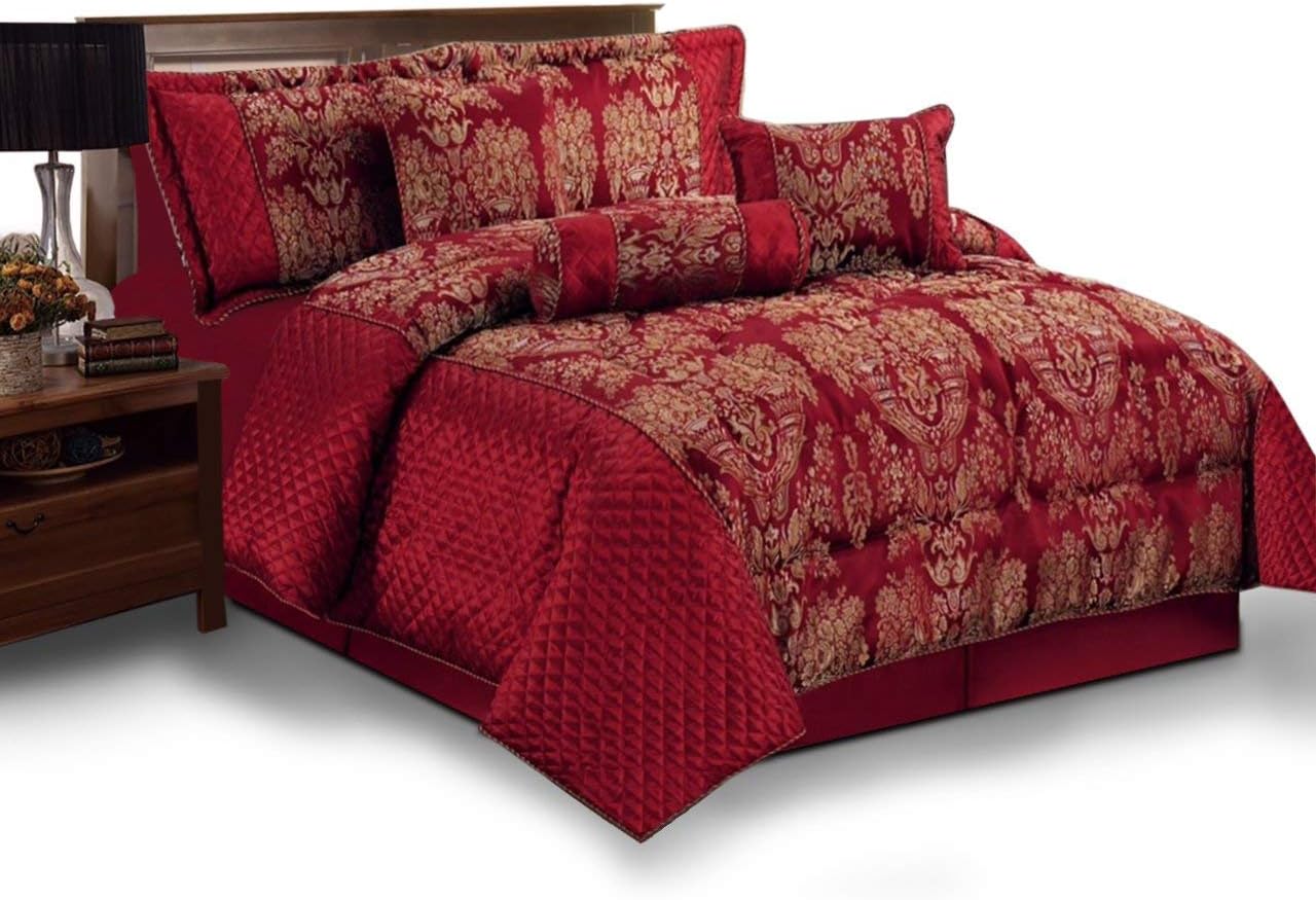 Sunrise Bedding Bedspread Set- 7 Piece Comforter Set- Jacquard Fabric Bedding Set Double, King All Season Bed Throw 220 GSM Matching Pillows, Cushions ,Neck Roll and Valance Sheet (Gold Burgundy, King (255 x 225))