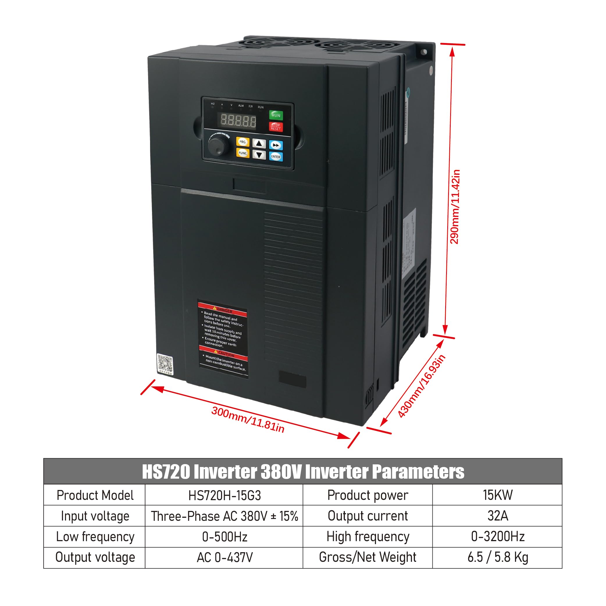 HS720 Inverter 380V Frequenzumrichter für Industrielle Motoren,VFD mit Remote Control,Leistungsstarker Antrieb für Pumpen,Ventilatoren und Förderbänder,Einfache Installation und Energieeffiz (15KW)