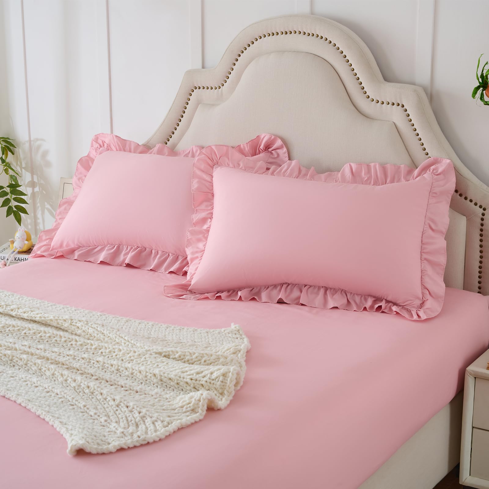 Homiest 3-Pieces Ruffle Pillow Case Fitted Sheet Set Light Pink Queen Sheets with 2 Ruffled Pillow Shams 15