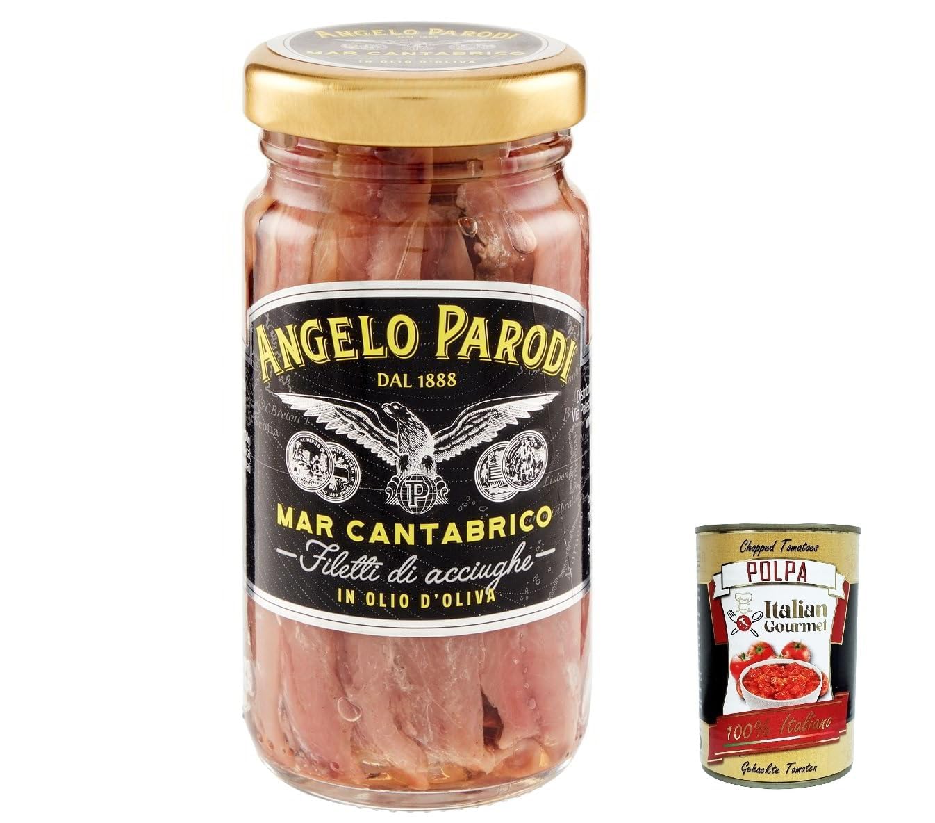 Italian Gourmet Bundle 6 x Filets d’Anchois à l’Huile d’Olive 100 g + Italian Gourmet Polpa, Anchois du Mer Cantabrique, Filets d’Anchois en Bocal, Spécialité de Poisson en Huile d’Olive