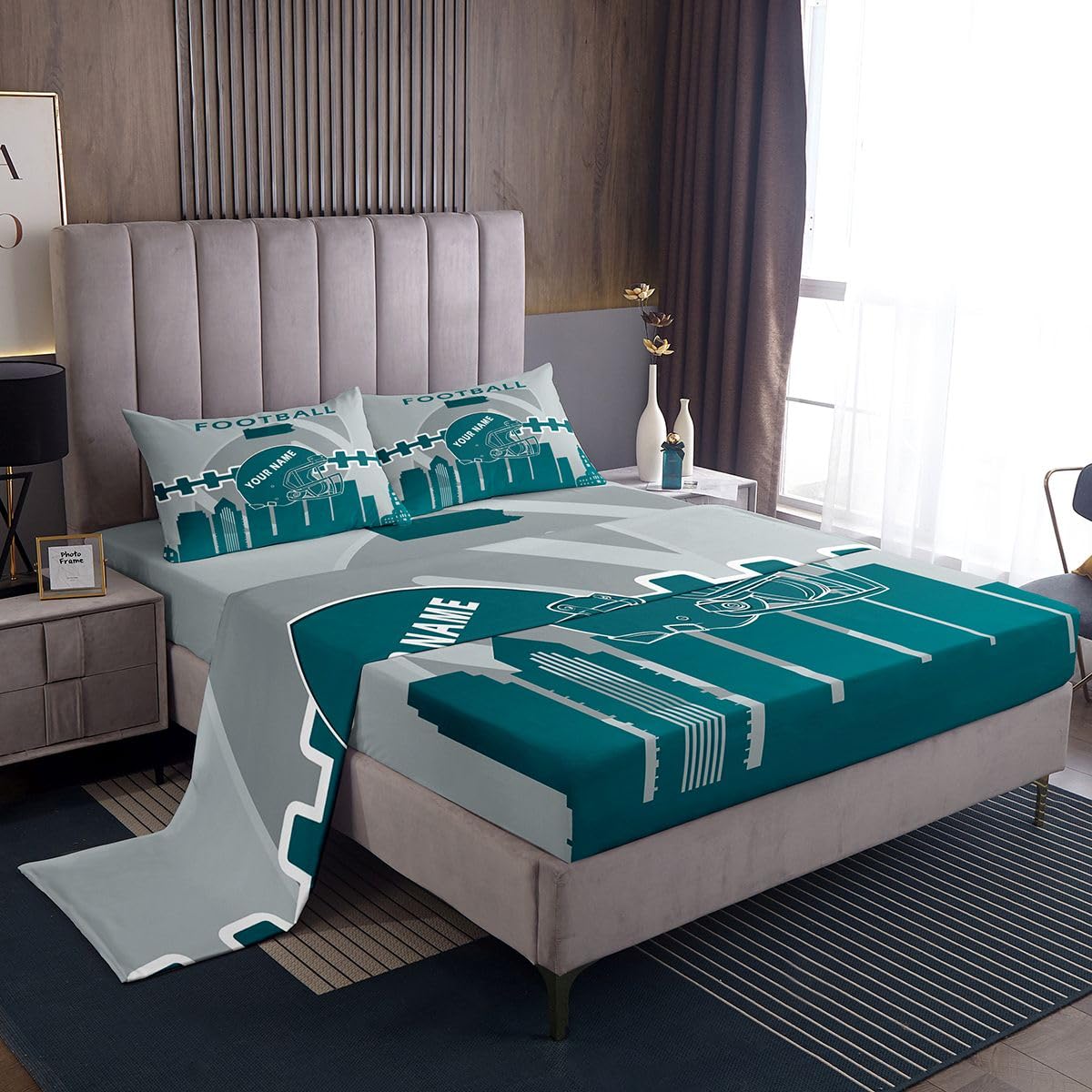 Erosebridal Custom Name Football Themed Sheet Set Queen - Fans Bed Set, Lovers Sheets, Rugby Flat Fitted Sheet with 2 Pillow Shams, Bedroom Decor,