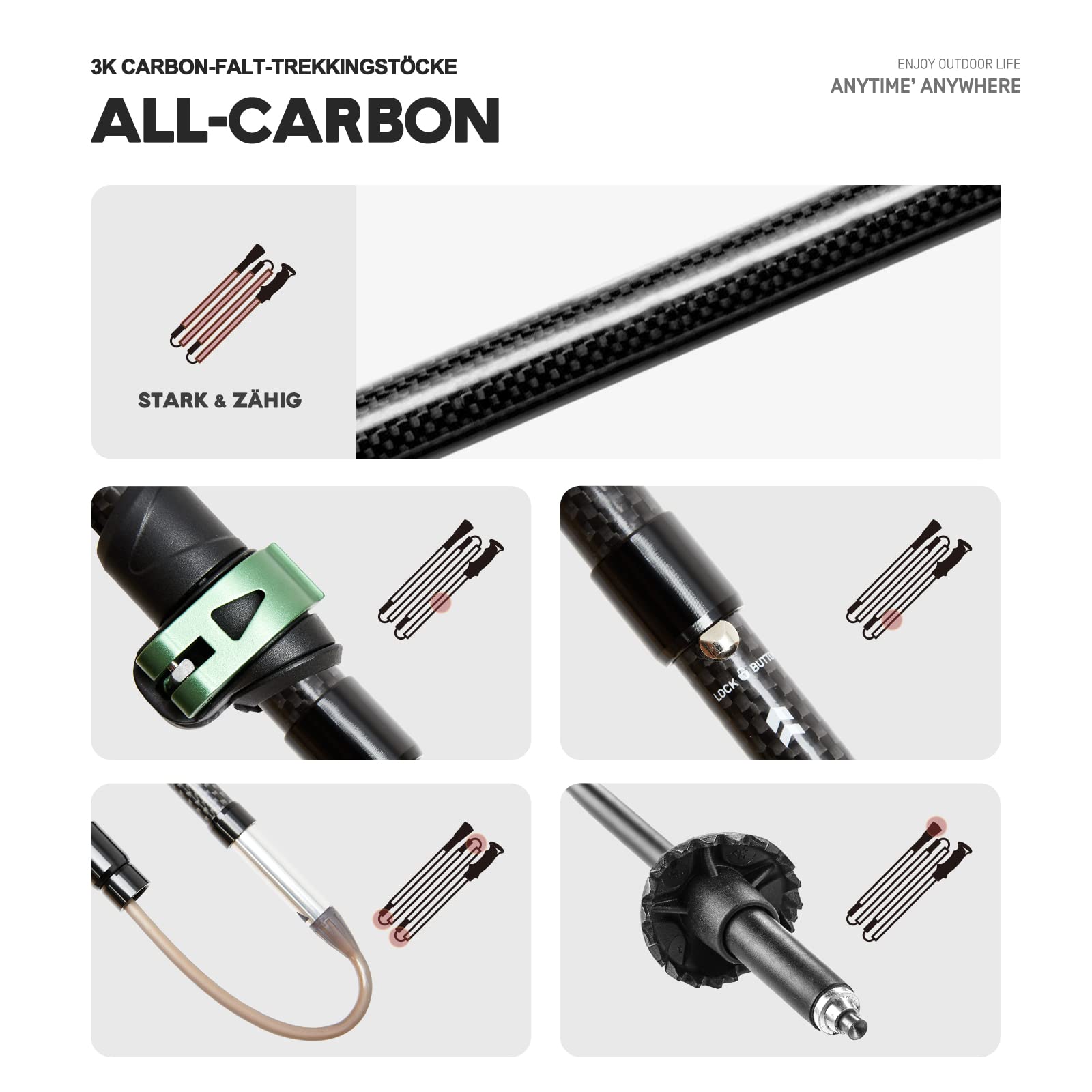 ETROL Carbon Ultra Ligh Wanderstöcke,Verstellbar Teleskop Trekkingstöcke Walking Stöcke für Rucksacktourismus mit Quick Flip Lock, Eva Griff,4 Paar Gummipuffers und 2 Tragetaschen