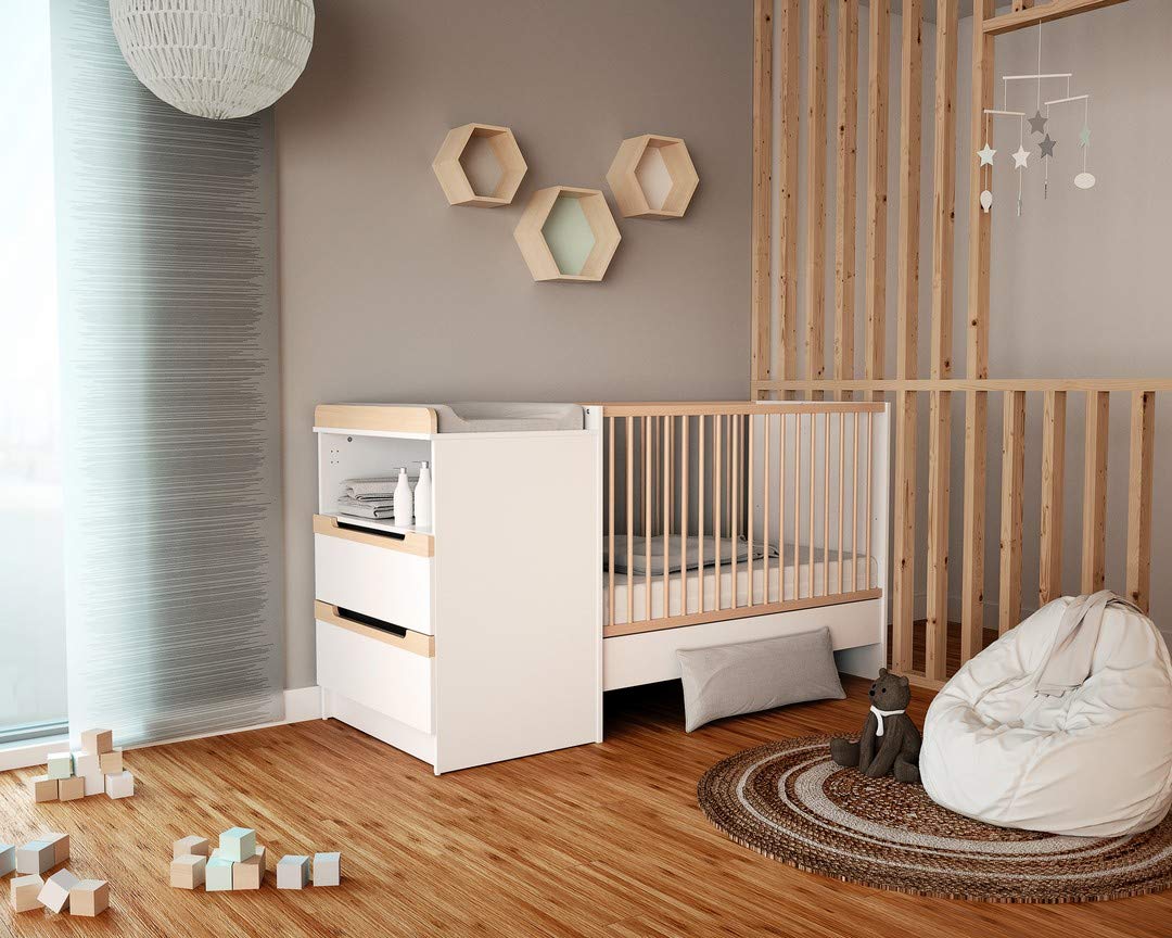 Jurababy - Lit Combiné Evolutif CARROUSEL Blanc et Hêtre Verni 60 x 120 cm