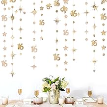 Champagne Gold Number 16 Circle Dot Twinkle Star Garland Streamer Bunting Banner Backdrop Decorations for Girls Happy 16th Birthday Sweet Sixteen 16th Anniversary Cheers to 16 Years Party Decor