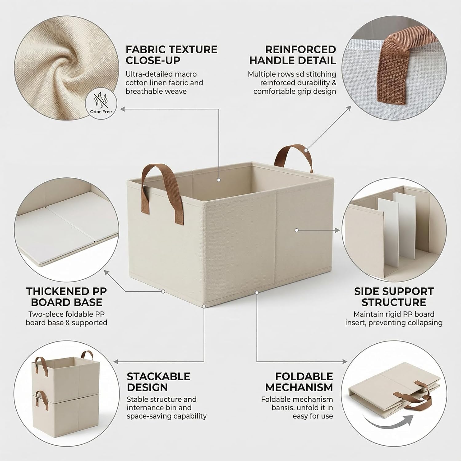 3 Pack Storage Bins Fabric Collapsible Organizers with Handles Sturdy Canvas with PP Board 17.9”x 11”x 7.9” Beige Foldable Storage Box for Closet Shelves, Books, Toys, Clothes, Office Organization - Image 3