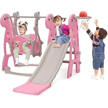 Kids Slide & Swing Set with Basketball Hoop, Height Adjustable Swing, Pink