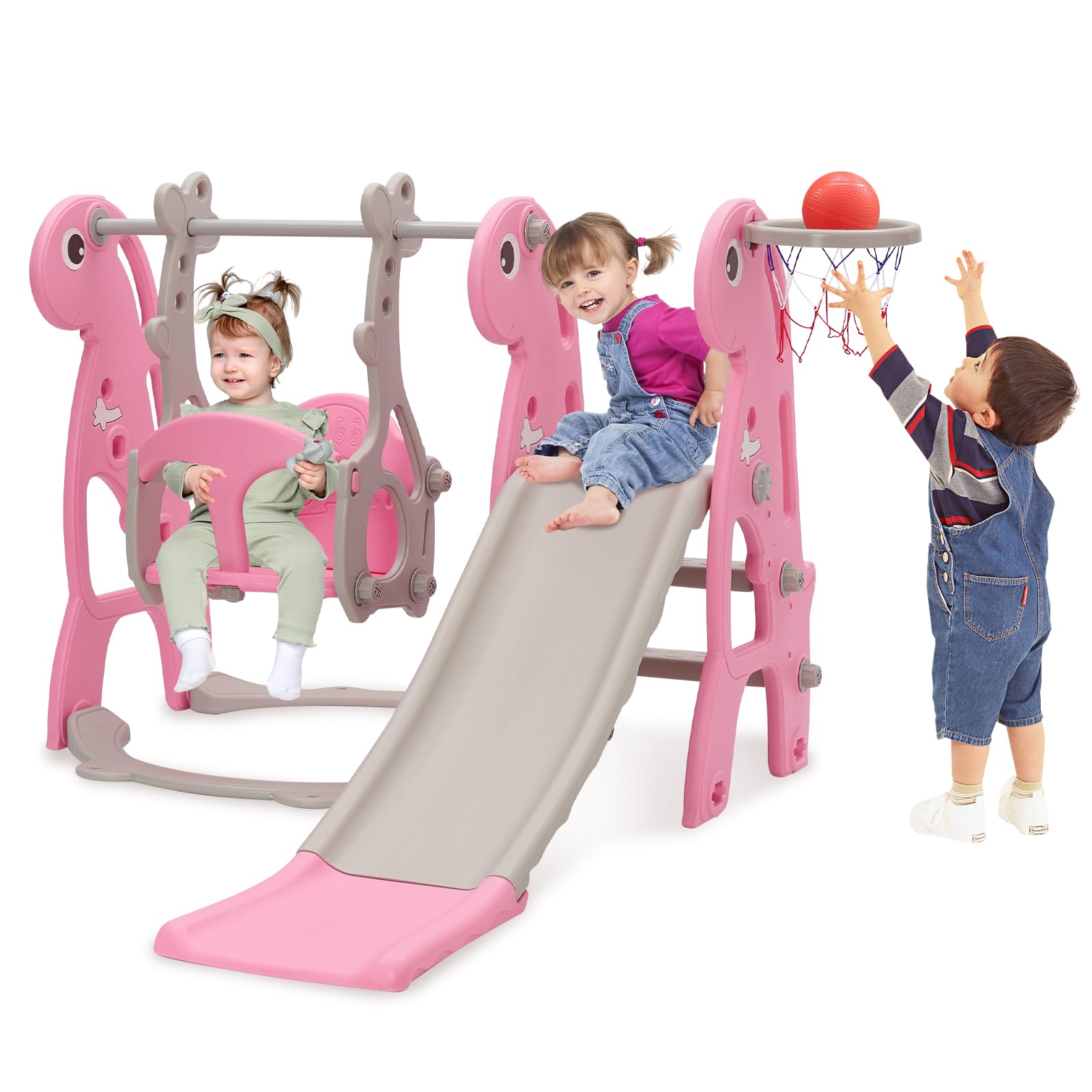Kids Slide & Swing Set, Indoor Baby Slide Climber Freestanding Playset with Basketball Hoop & Height Adjustable Swing (Pink)