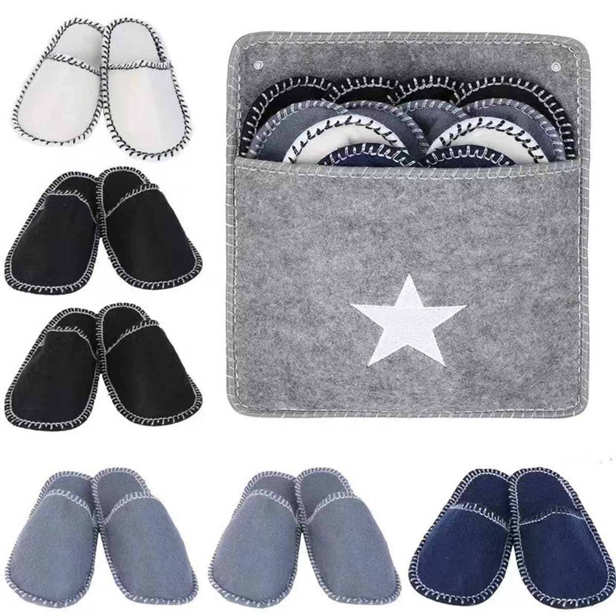 6 Pair Guest House Slippers Set, Felt Slippers in 3 Sizes & Storage Bag, Anti-Slip & Washable, Perfect for Family Travel