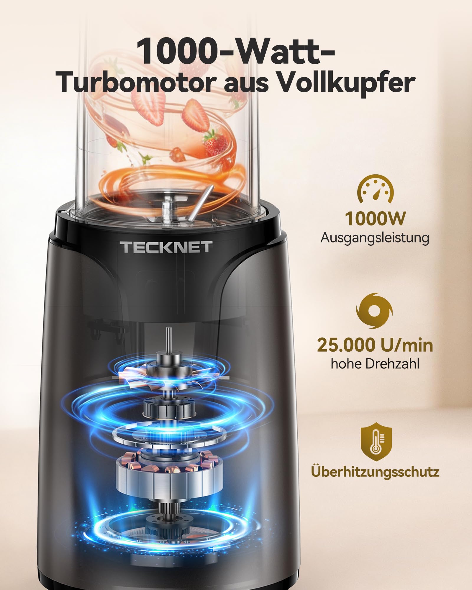 TECKNET 1000W Smoothie Maker, Standmixer mit 2 BPA-freie 600ml Tragbare Becher, Klein mit Kreuzklingen aus Edelstahl 304, Leicht zu Reinigen, Blender Elektrisch für Shake, Smoothie & Babynahrung