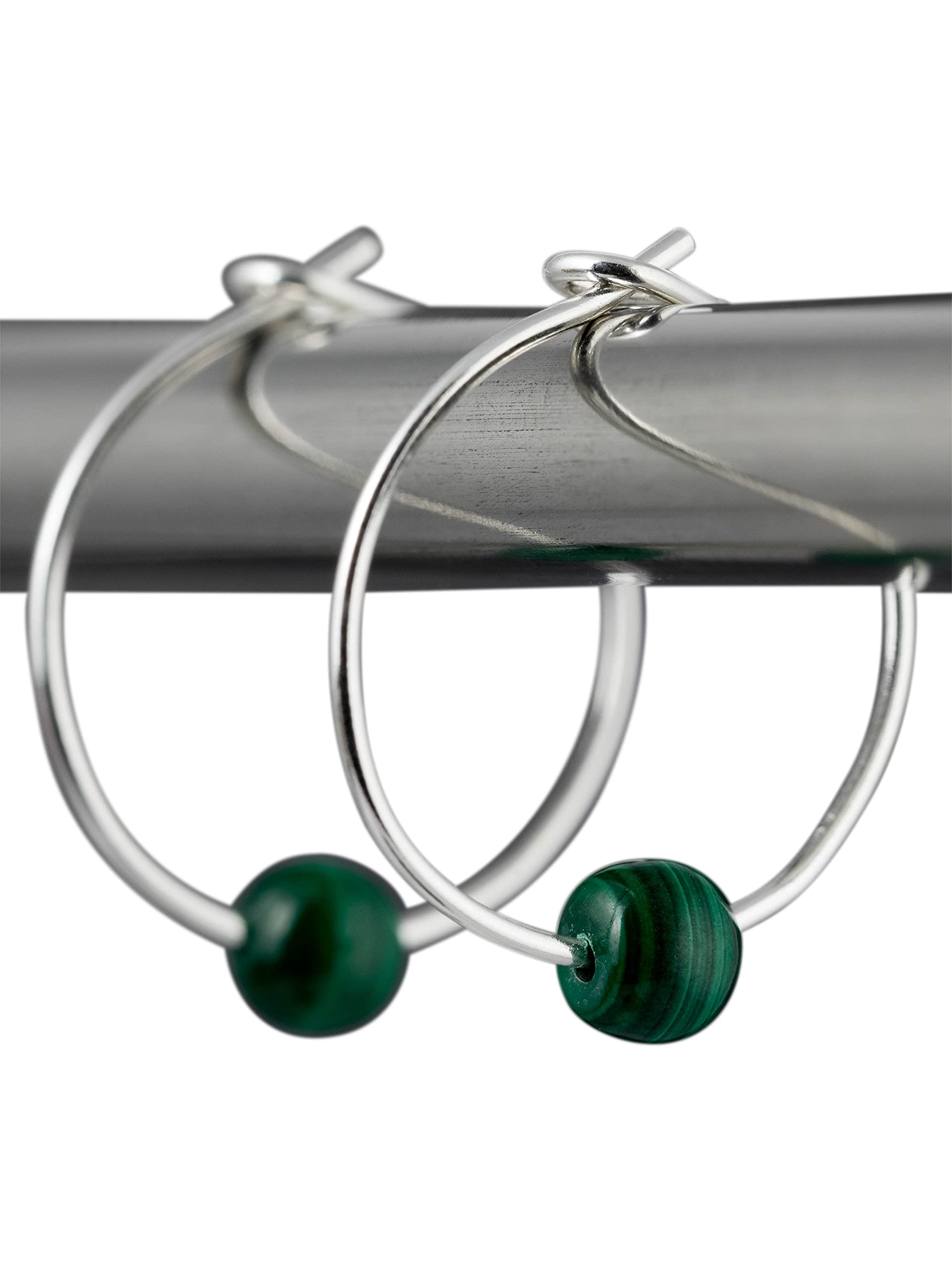 Small Malachite & 15mm Sterling Silver Hoop Earrings with Gift Box, Handmade