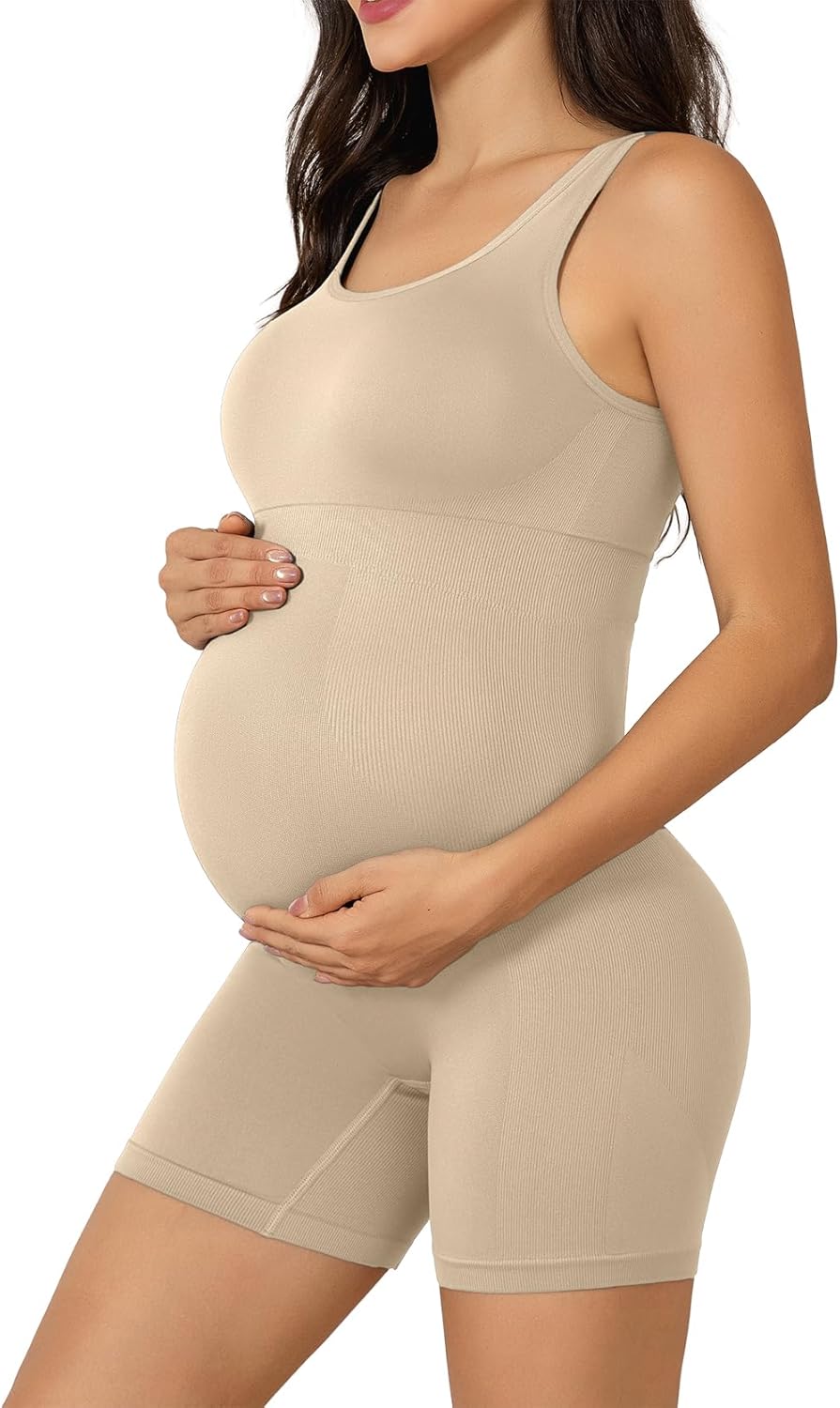 Suekaphin Womens Square Neck Maternity Bodysuit Jumpsuit Romper,Stretch Pregnancy Shapewear,Tank Top Maternity Support