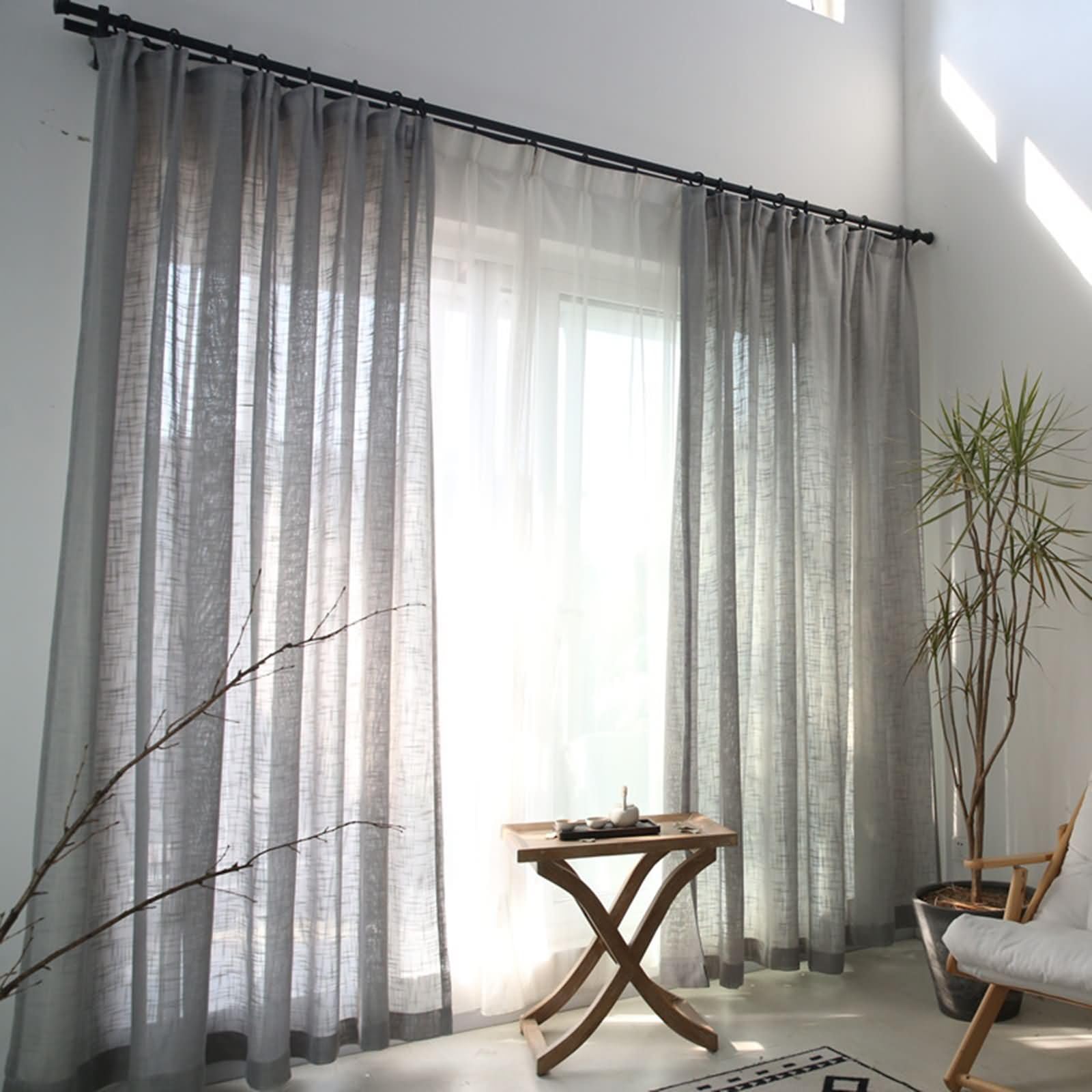 Rideau Fenetre Voilage, Panneaux de Voile de fenêtre à Motif de Lignes géométriques Simples, pour Chambre à Coucher et Salon, Gris Clair, 137 x 160 cm