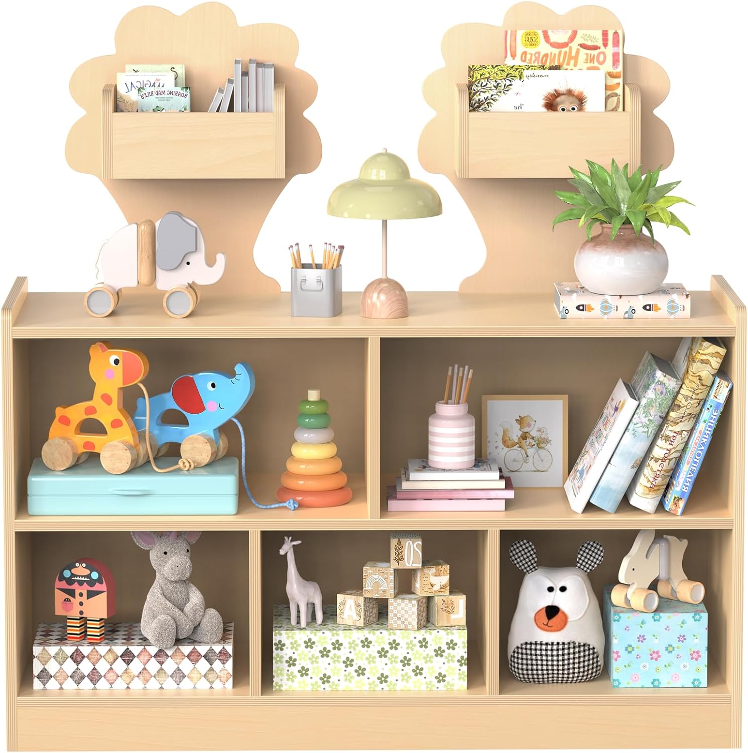 Acenova Montessori Toy Storage Shelf with 7 Compartments, Wooden Montessori Bookshelf and Toy Storage with Tree Design, Nursery Book Shelf for Kids, Classroom Furniture Shelves Organizer, Birch Wood