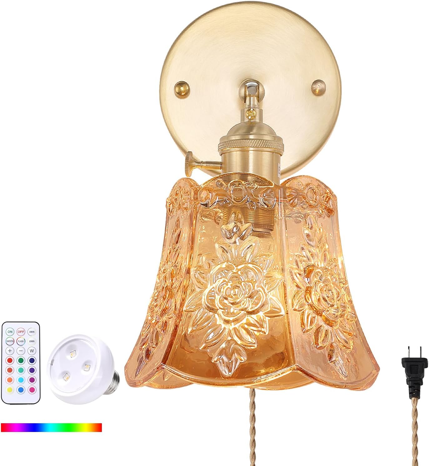 Vintage Battery Operated Wall Sconce, Wireless Battery Powered Rose Wall Sconces with Remote Control, RGB Dimmable LED Plug in Wall Light for Bedside Bedroom Living Room (Amber) Rose Amber 1 Light Battery Operated
