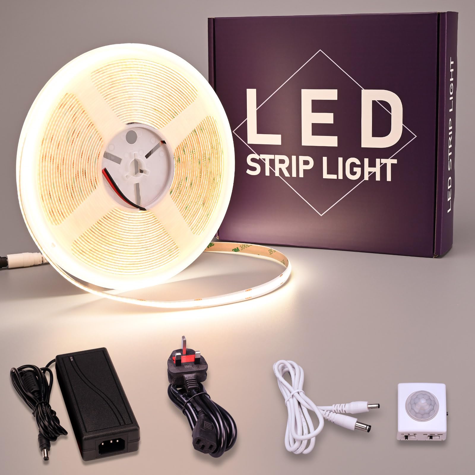 Goming Natural White Motion Sensor Cob Led Strip 32.8Ft(10M) 4000K Cri 93+ 3 Lighting Modes 3 Timing Off Modes 3 Brightness Modes With Power Adapter For Kitchen Cabinets Stair Showcase Bedroom Bed