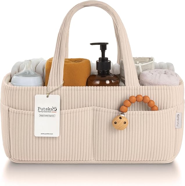 PUTSKA Baby Diaper Caddy Organizer for Changing Table – Stylish Nursery Storage Basket, Newborn Essentials, Baby Shower Gifts and Registry Must-Haves for Boy or Girl, Car Diaper Caddy, Corduroy Cream