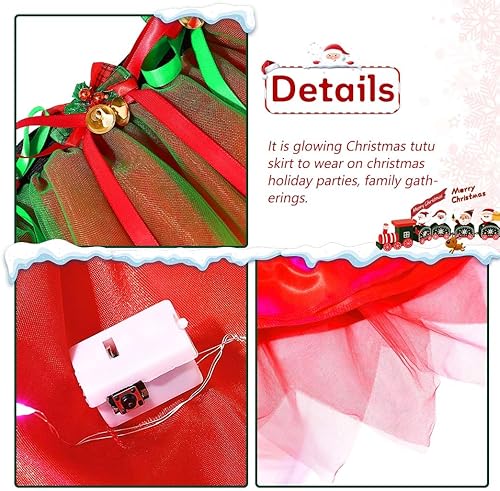 Miniatura 6 de EARENT Falda tutú iluminada de Navidad para niña, campanas de lazo de Navidad, faldas de tul de ballet, disfraz de fiesta de vacaciones, falda de