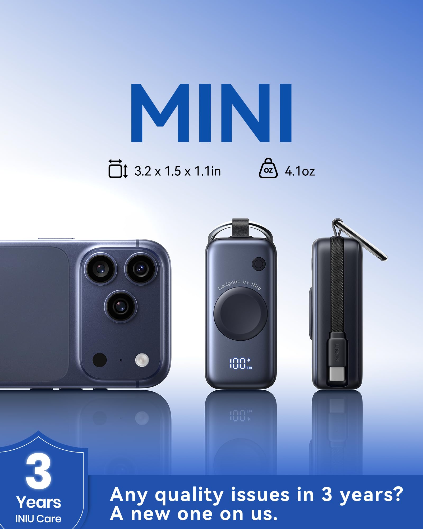 INIU Powerbank, Taschengröße, 20 W, 5000 mAh, tragbares Ladegerät, Schnelllade-Powerbank mit integriertem USB-C-Kabel und Schlüsselanhänger, Akkupack für Apple Watch Ultra 11 10 9 8 7 SE, iPhone 17 16
