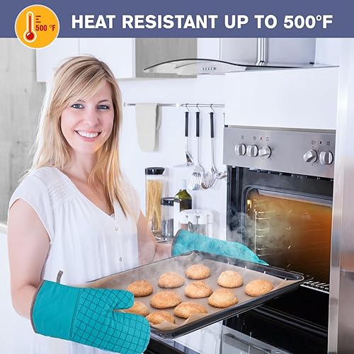 Vista 9 de 6 guantes de horno y soportes para ollas, resistentes al calor de 500 ℉ con toallas de cocina, forro de algodón suave y superficie de silicona Gris