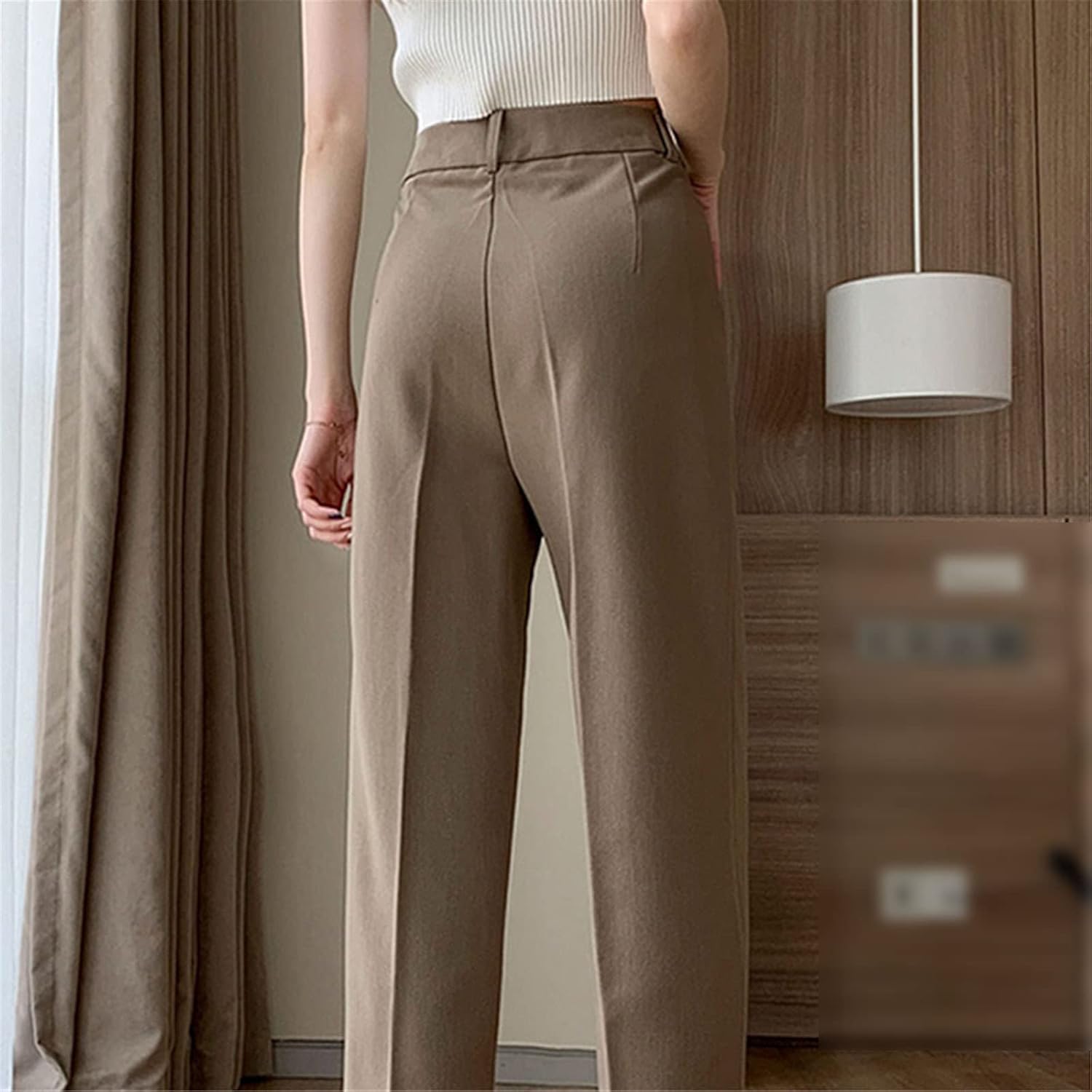 Kelsiop Women's Ninth Pants Office Solid Color Pleated Curling High Waist Zipper Placket Straight Leg Pants