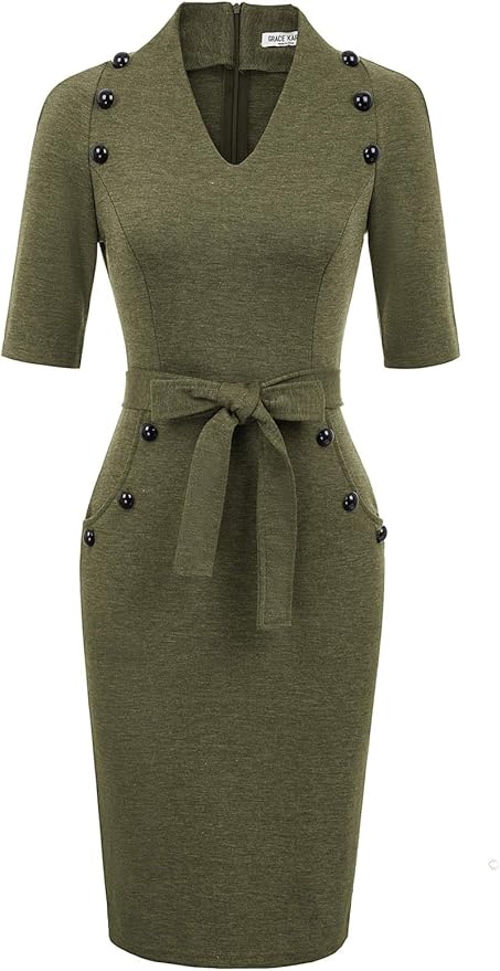 GRACE KARIN Women's Short Sleeve Bodycon Dress Belted Business Cocktail Funeral Pencil Dress with Procket