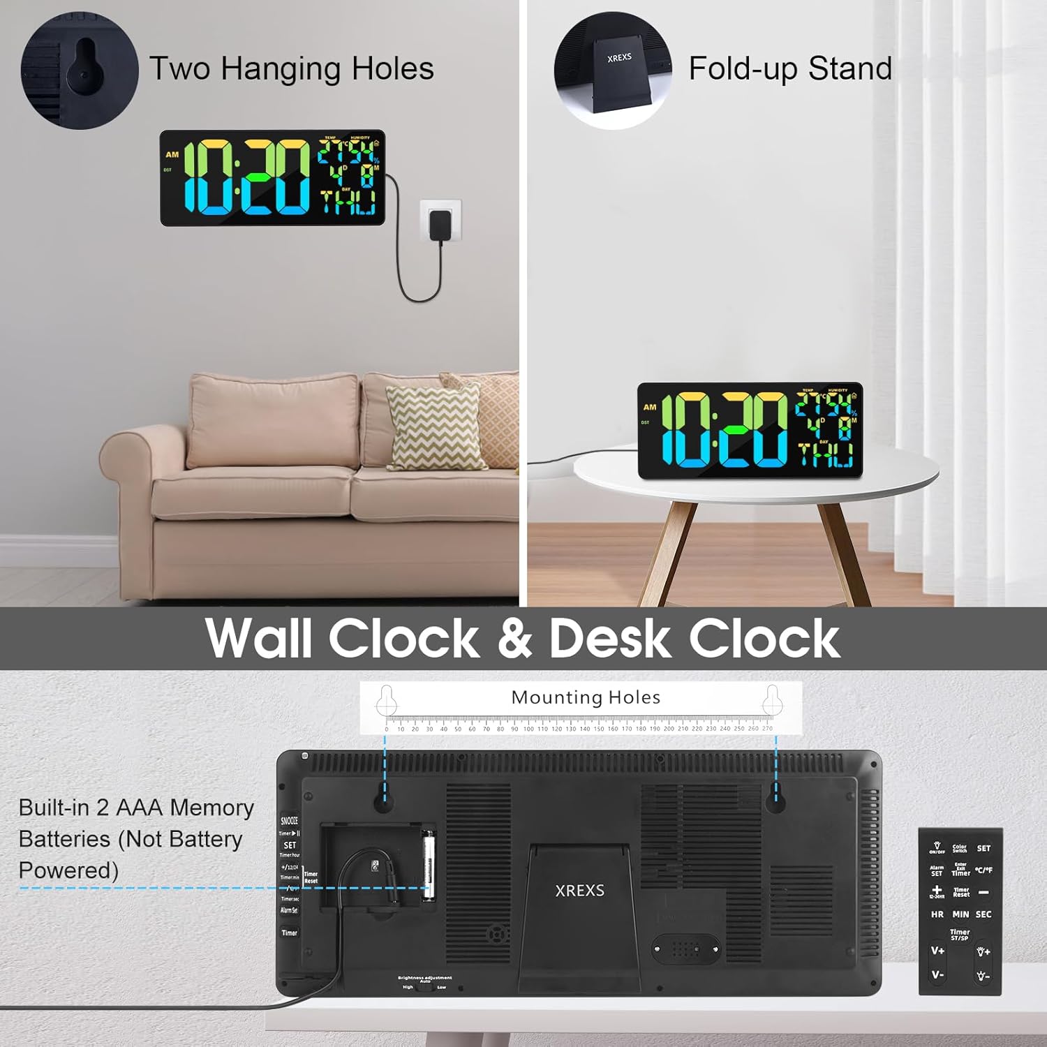 Back of the XREXS clock showing mounting holes and foldable stand