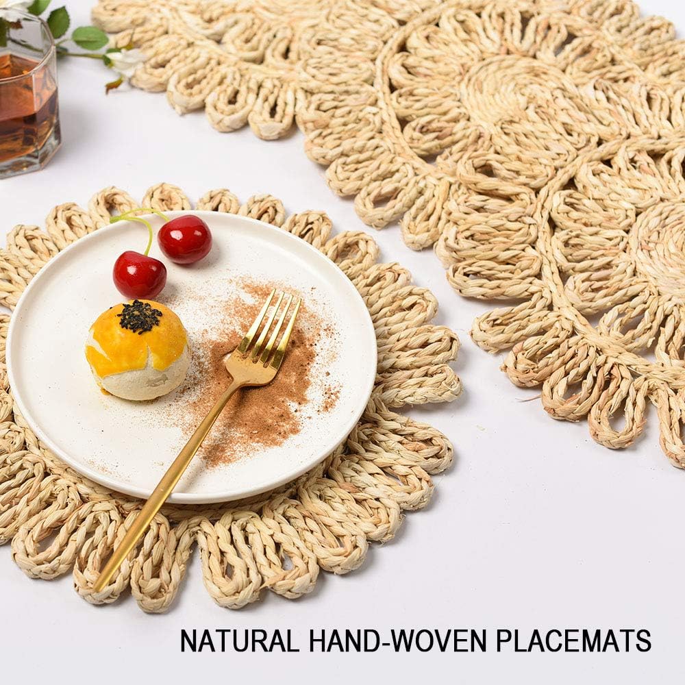 IcosaMro Round Woven Placemats for Dining Table Set of 10 Large Natural Braided Rattan Tablemat Hollow Wicker Charger Plates for Holiday Christmas Kitchen Table Mat, Beige, 14 Inches
