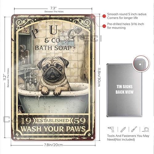 Miniatura 3 de Letrero de estaño con texto en inglés Wash Your Paws (Wash Your Paws de Pug Bath Soap Wash Your Paws para decoración de mascotas decoración de