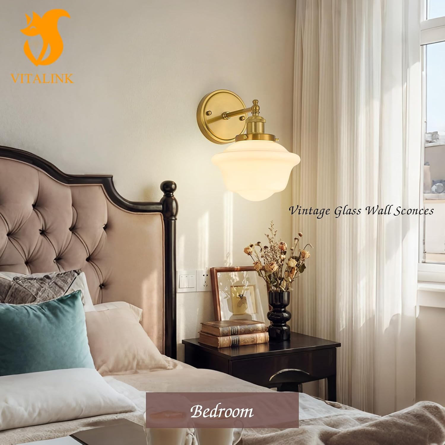 VitaLink Vintage Wall Sconces, Golden Hardwired Milk White Glass Wall Sconce Lighting Fixtures Vanity Light Schoolhouse Wall Lamp for Bedroom Living Room Bathroom Hallway