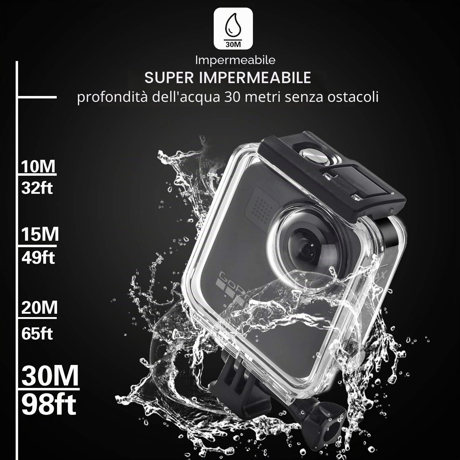 Custodia impermeabile per action cam GoPro Max impermeabile fino a 30 mm, con staffa e accessori