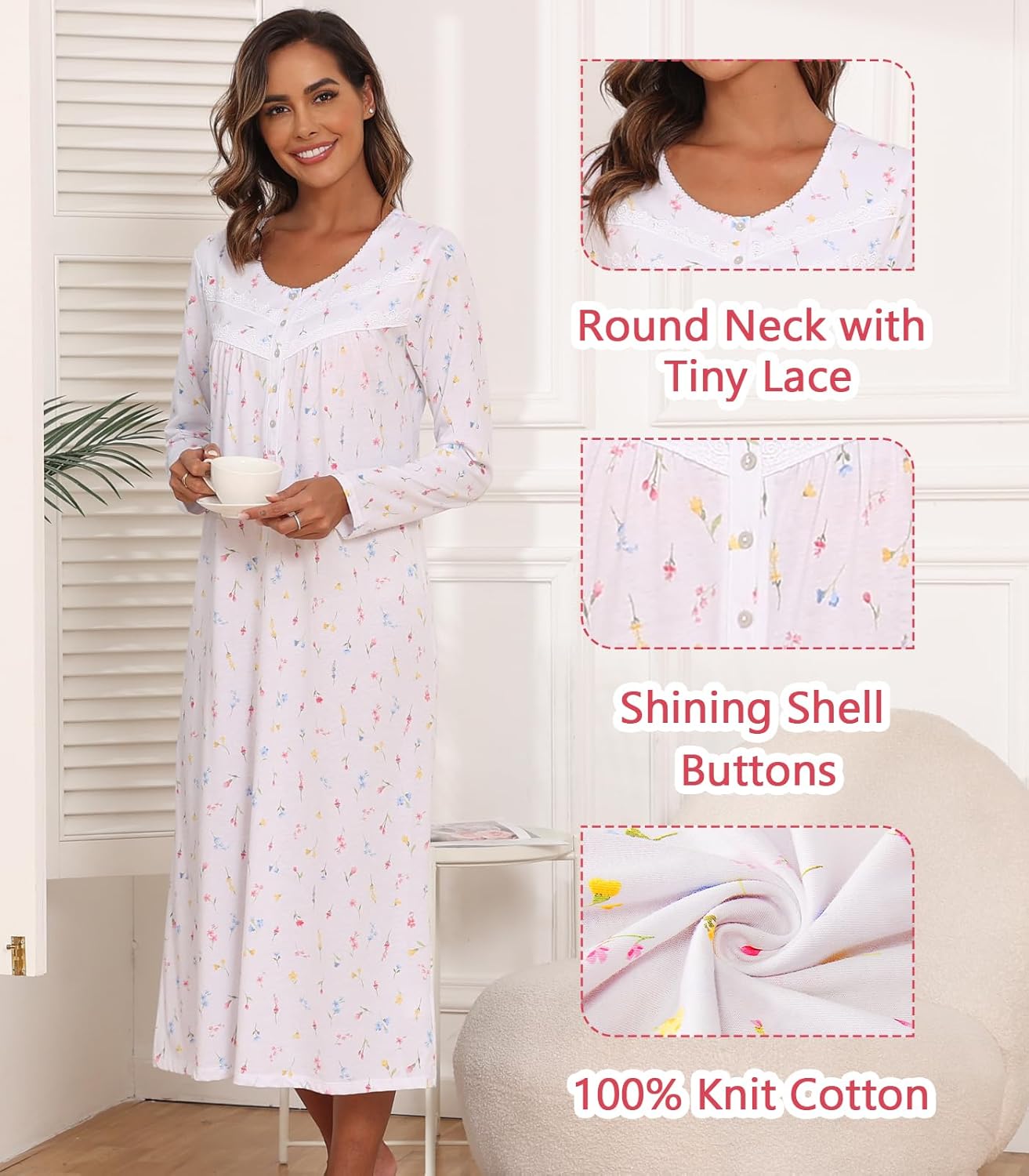 Long Cotton Nightgowns for Women 100% Cotton Night Gown Long Sleeve Ladies Nightgowns Sleepwear Vintage Sleep Dress - Image 2