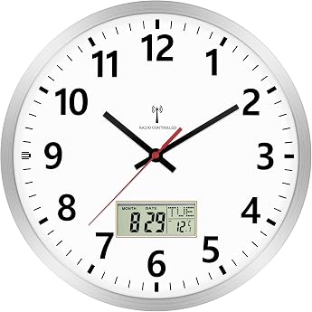 Foxtop Radio Analogue Wall Clock 30 cm Digital Wall Clock with Temperature and Date LCD Display Clock Radio Clock Silent for Kitchen Living Room Silver