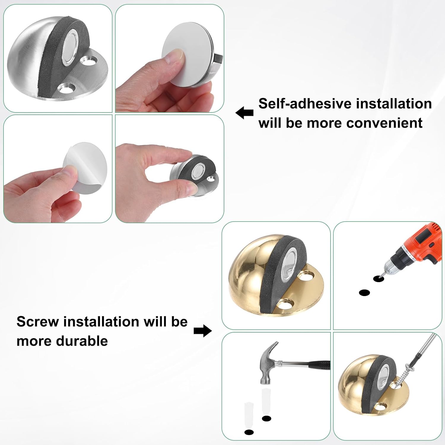 M METERXITY 2-Pack Floor Mounted Door Stops, Stainless Steel Half Dome Magnetic Gate Stopper with Plastic Rubber Bumper for Living Room/Bedroom/Bathroom, Wall Protector [Gold Tone] image 5