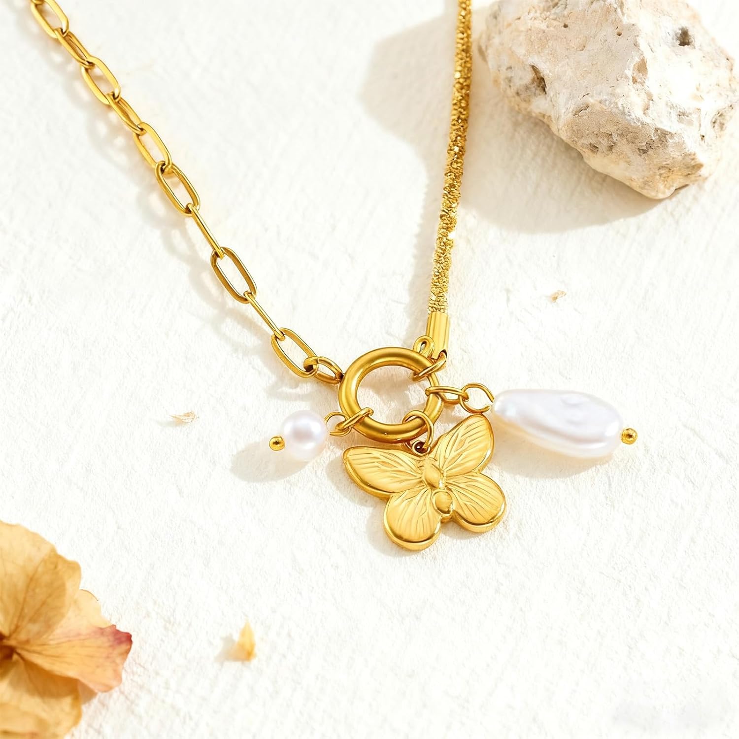 Boho Gold Plad Stainless Steel Butterfly Pendant Charms Necklace for Women,Pearls Bead Charms Holiday Chain Jewelry Choker Necklace for Casual - Image 3