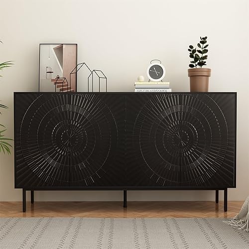 Miniatura 4 de Armario de almacenamiento de bufé de 59.06 pulgadas para comedor, consola de puerta de flores talladas, resorte prensado de 4 puertas, aparador para