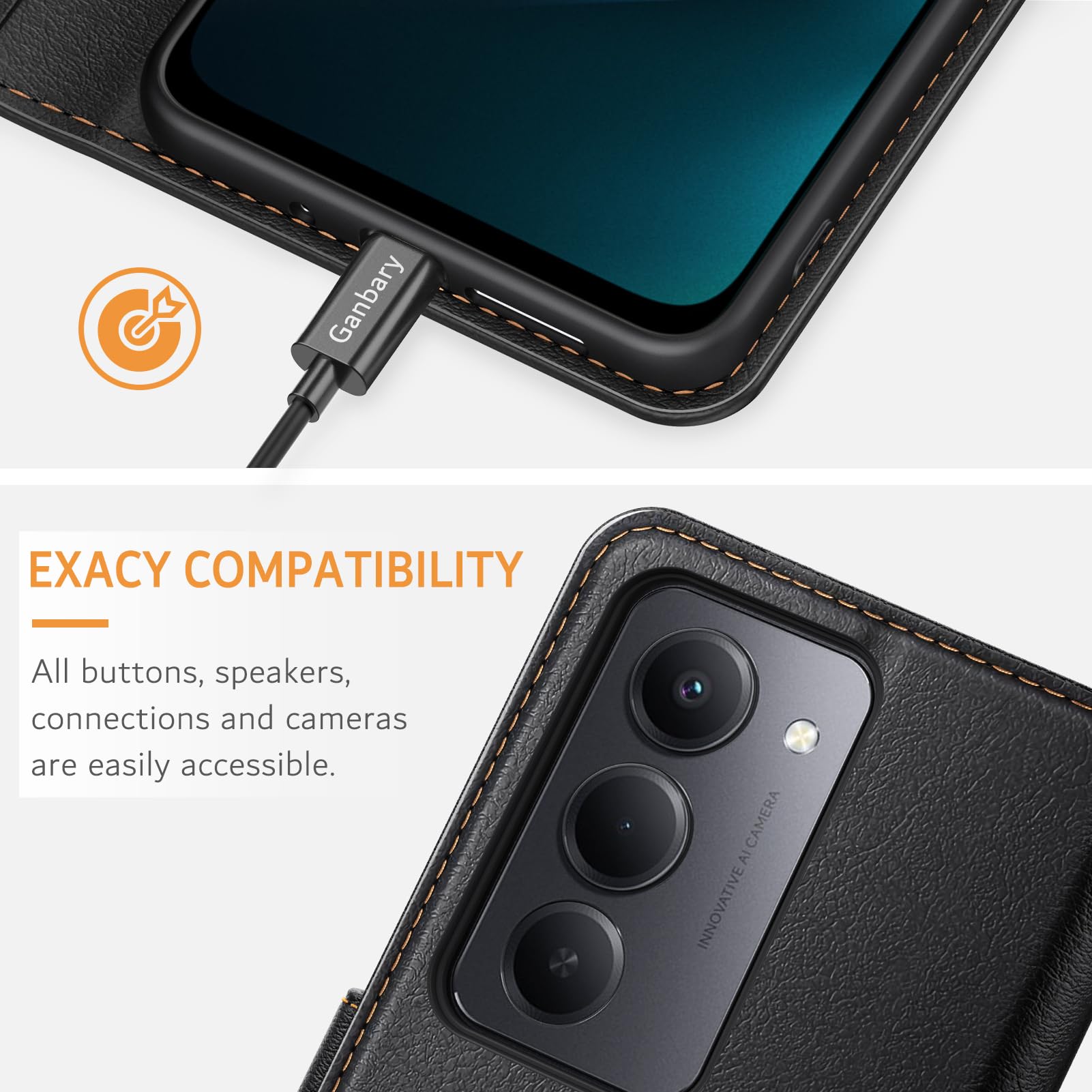 Ganbary Etui do Xiaomi Redmi 15 4G/5G, [etui ze skóry PU Premium] [Etui z klapką], etui ochronne do Xiaomi Redmi 15 4G/5G - czarne