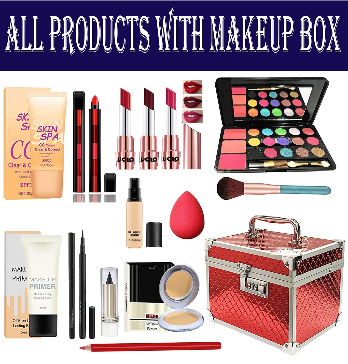 VOLO All In One Makeup Kit(3 Lipstick,5 MINI Lipstick,Eye Shadow,Foundation,r,Compact,Primer,Kajal,Lip Liner, Makeup Brush,Sponge Puff, Concealer,1Makeup Box) Set of 19 Pc (Maroon) (Bronze)
