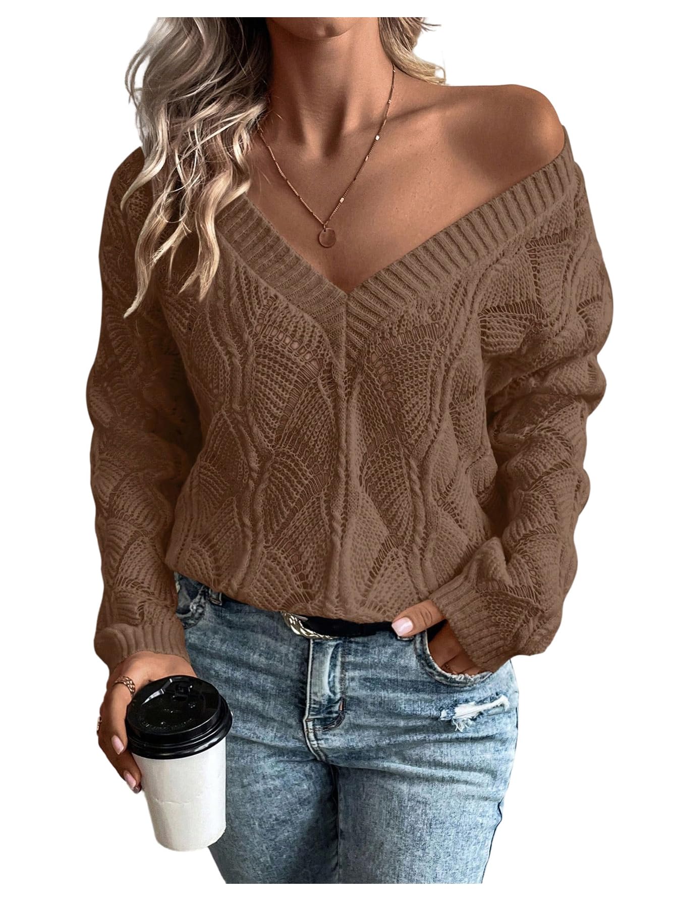 Womens Crochet Sweater Textured V Neck Long Sleeve Knit Fall Tops Drop Shoulder Casual Pullover Jumper