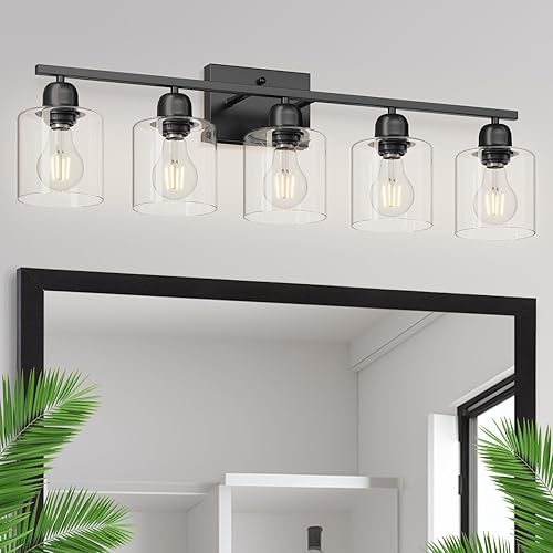 Miniatura 35 de 10 Luces de Tocador Negras para Espejo Gigante, Luces de Tocador de Baño Sobre Espejo con Pantallas de Vidrio Esmerilado Blanco Lechoso, Lámpara de