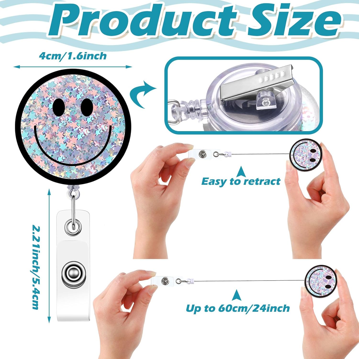 18 Pcs Badge Reel Retractable Smile Face Glitter Badge Holder Name Tag Holders ID Clip with Alligator Clip for Office Nurses Doctors