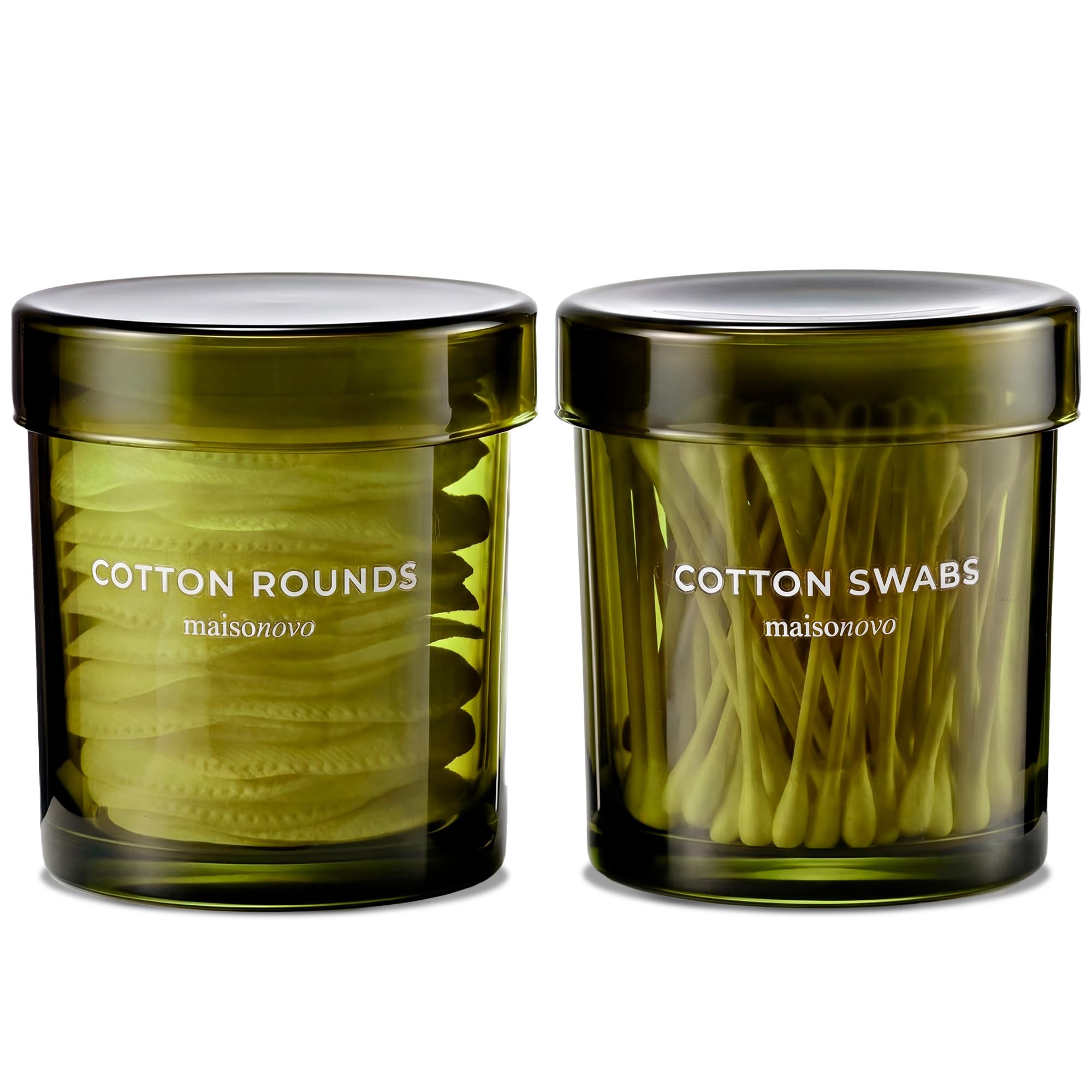 MaisoNovo Cotton Bud Holder Set - Airtight 375 ml Glass Cotton Pad Holder for Q-Tips, Cotton Rounds, Cotton Balls, Floss Picks, Hair Ties with Free Labels Pack - 2 x Green Jars with Green Lids