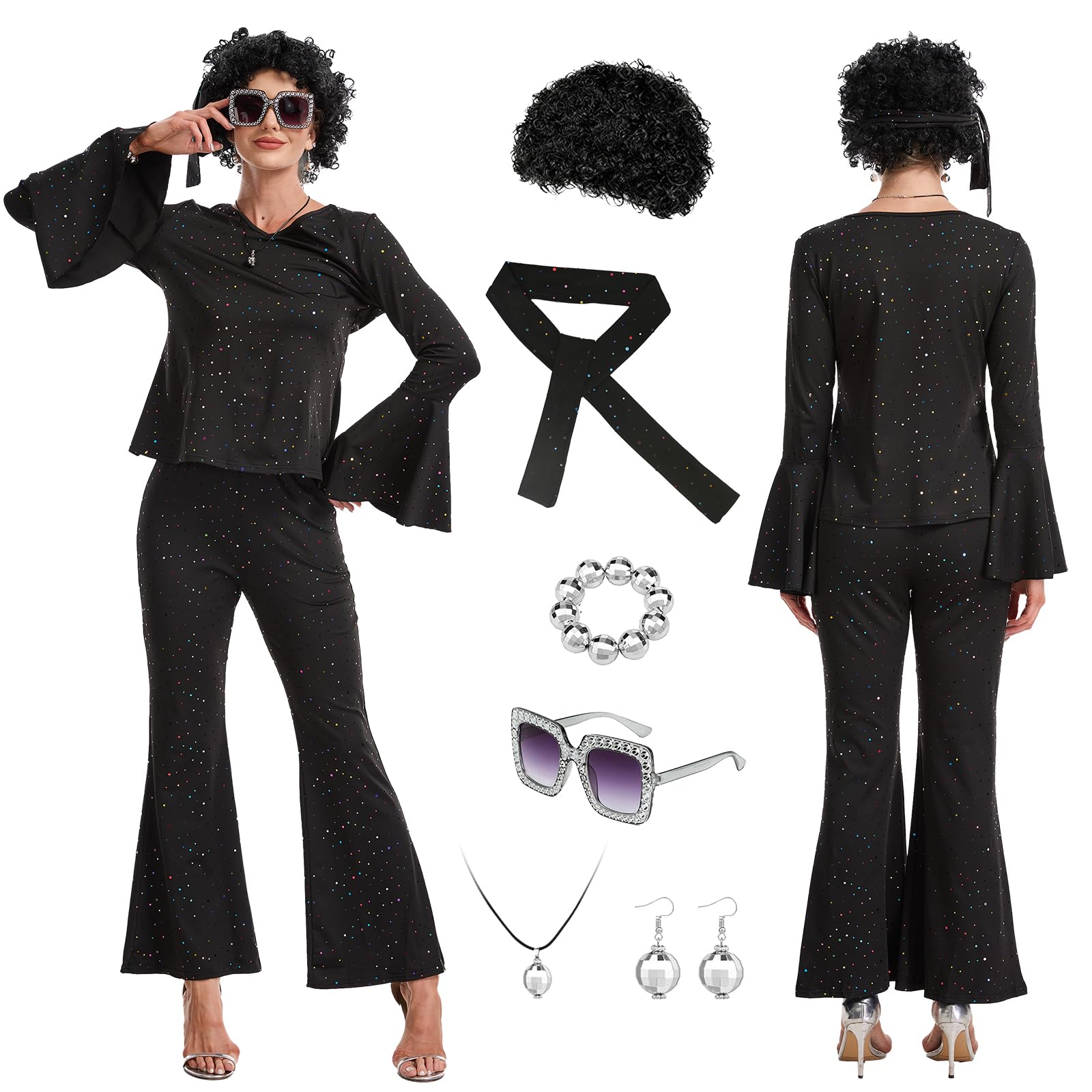 HZVRTN 70s Fancy Disco Outfits Women,70s Shiny Disco Costume Set for Carnival Halloween Cosplay Party (Black, M)